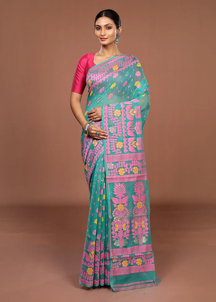 Green Jamdani Cotton Saree Without Blouse Piece - Image 2