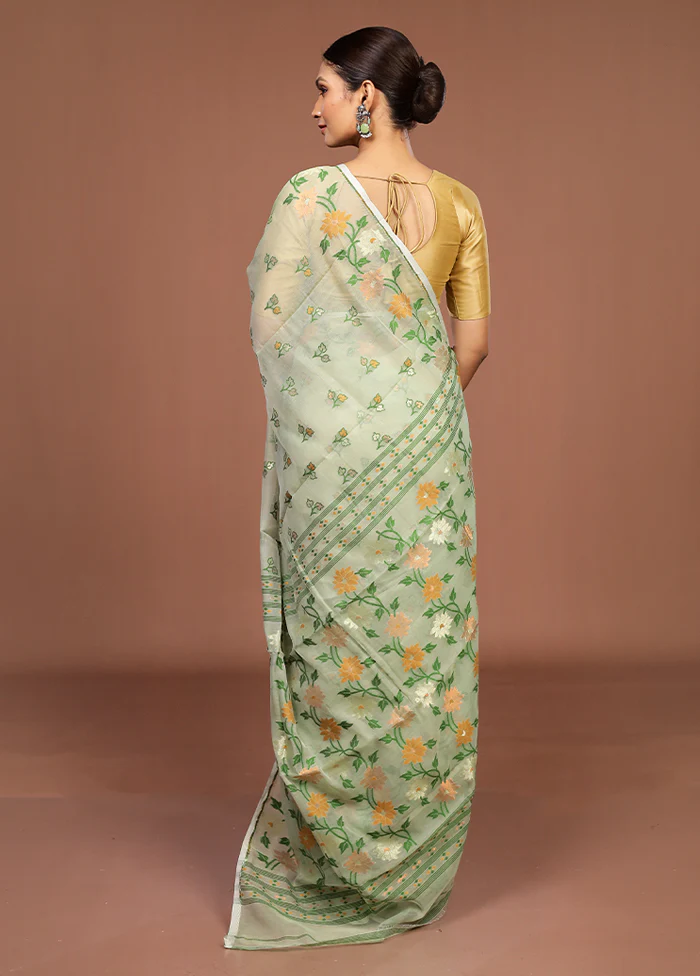 Green Jamdani Cotton Saree Without Blouse Piece - Image 3