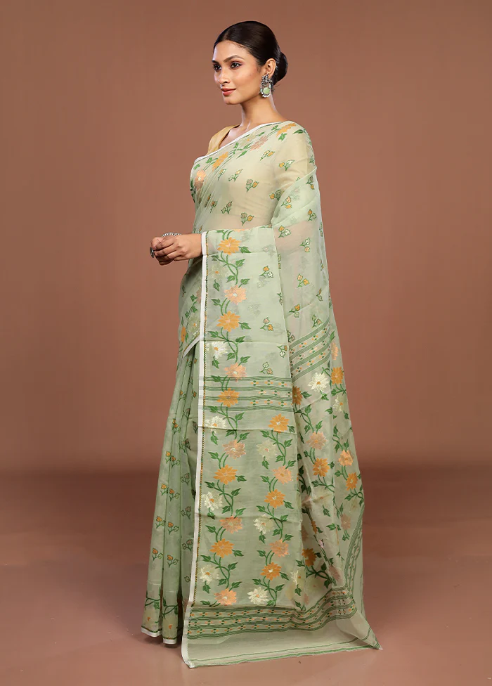 Green Jamdani Cotton Saree Without Blouse Piece - Image 4