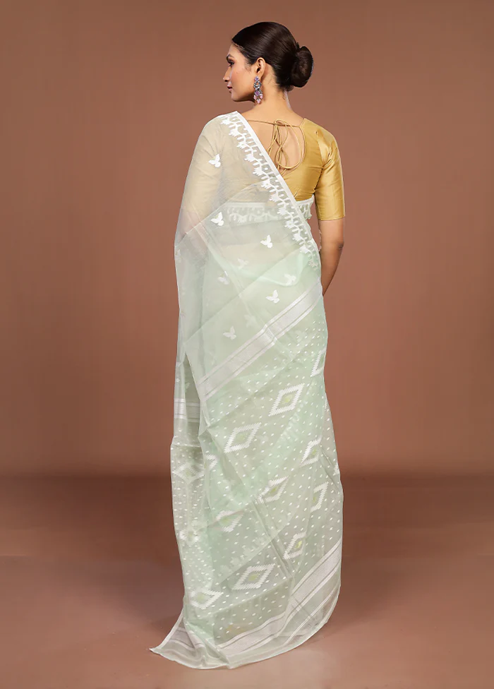 Green Jamdani Cotton Saree Without Blouse Piece - Image 3