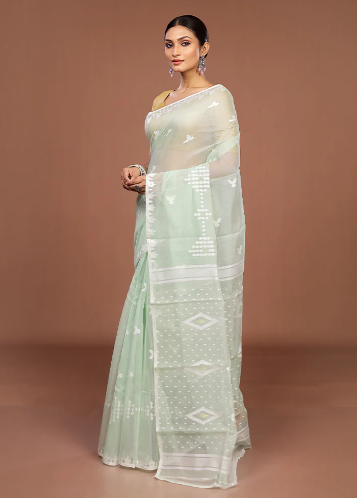 Green Jamdani Cotton Saree Without Blouse Piece - Image 4