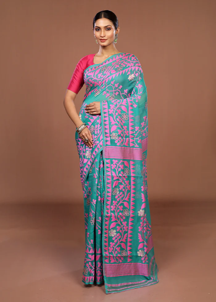 Green Jamdani Cotton Saree Without Blouse Piece - Image 2