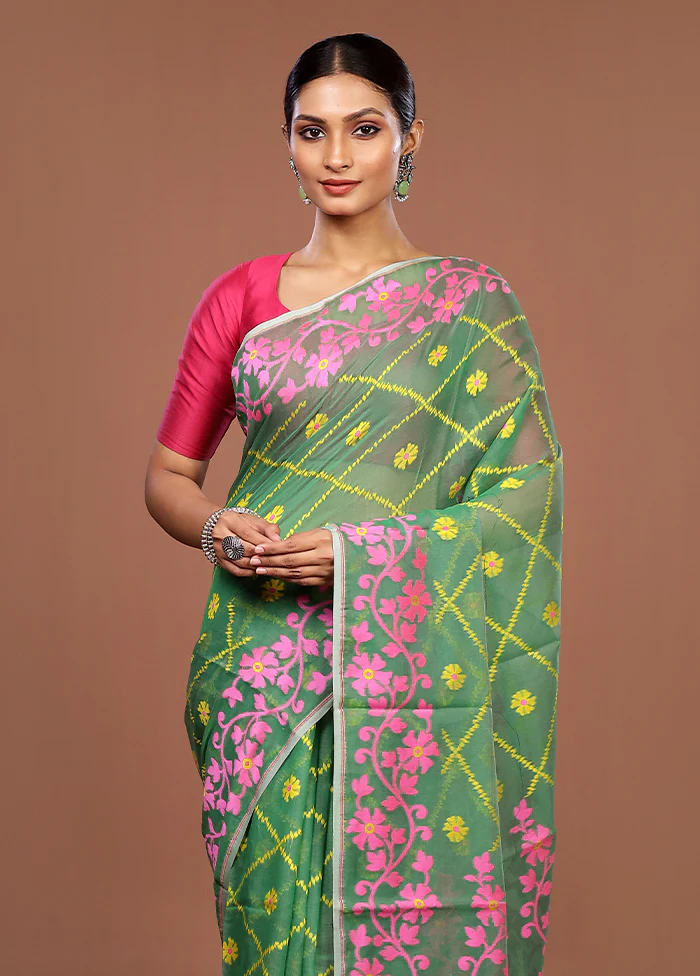 Green Jamdani Cotton Saree Without Blouse Piece