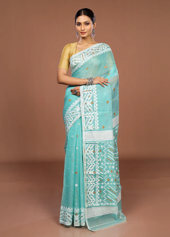 Green Jamdani Cotton Saree Without Blouse Piece - Image 2