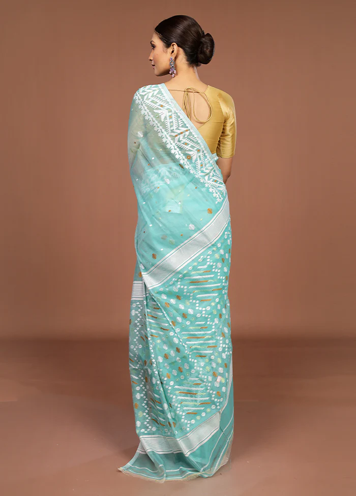 Green Jamdani Cotton Saree Without Blouse Piece - Image 3