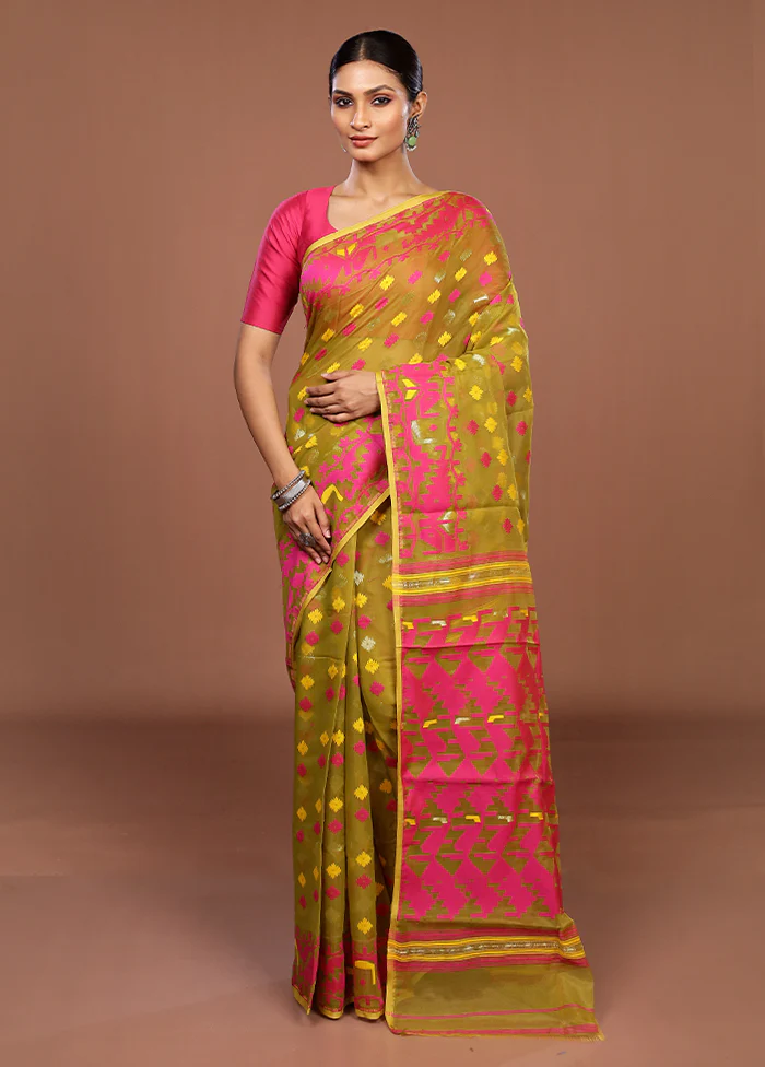 Green Jamdani Cotton Saree Without Blouse Piece - Image 2