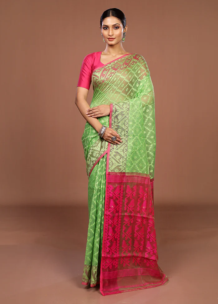 Green Jamdani Cotton Saree Without Blouse Piece - Image 2