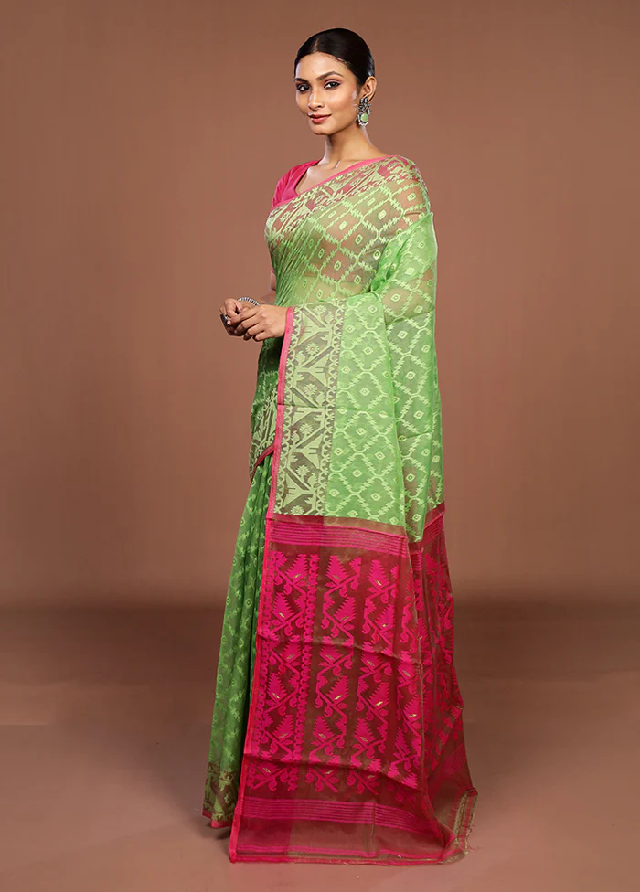 Green Jamdani Cotton Saree Without Blouse Piece - Image 4
