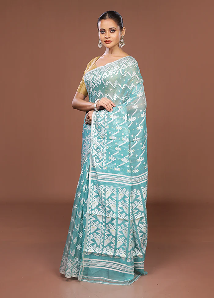 Green Jamdani Cotton Saree Without Blouse Piece - Image 4