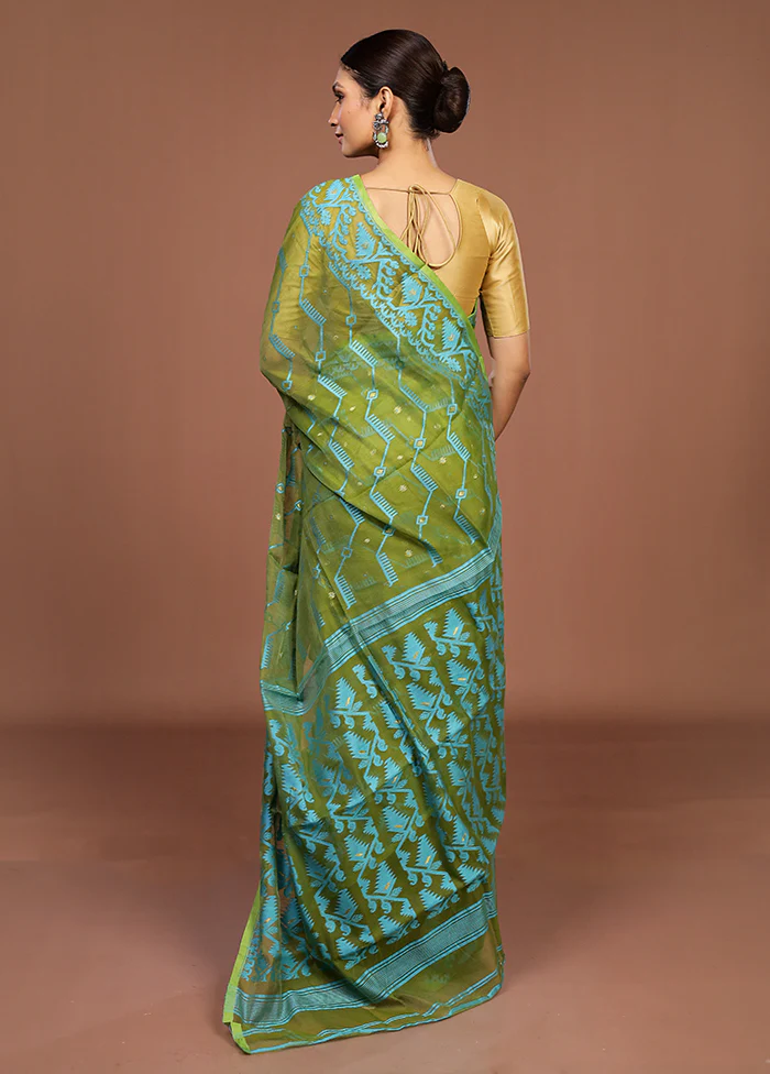 Green Jamdani Cotton Saree Without Blouse Piece - Image 3