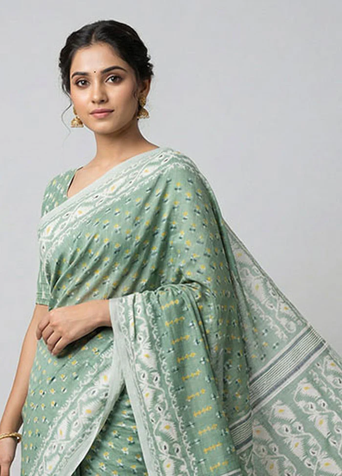 Green Jamdani Cotton Saree Without Blouse Piece - Image 2