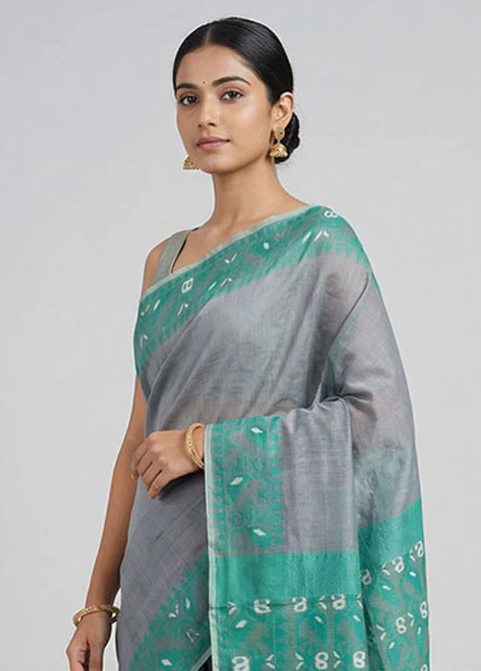 Green Jamdani Cotton Saree Without Blouse Piece - Image 2