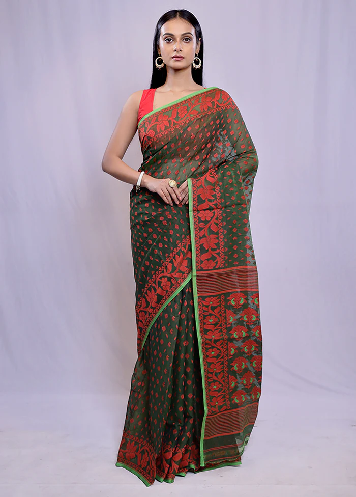 Green Tant Jamdani Saree Without Blouse Piece - Image 2