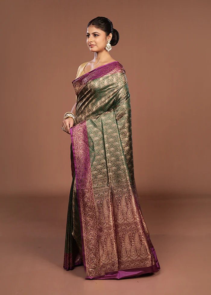 Green Jamewar Silk Saree With Blouse Piece - Image 4