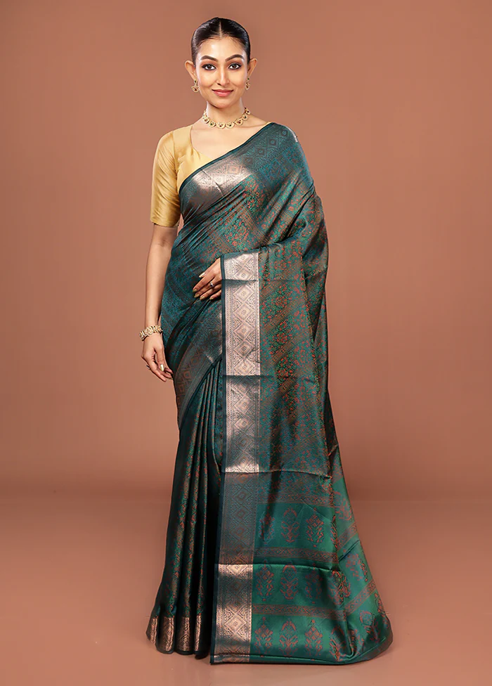 Green Jamewar Silk Saree With Blouse Piece - Image 2