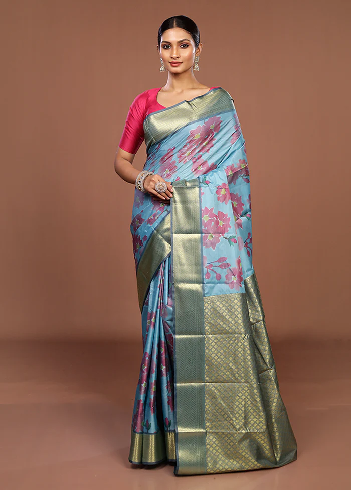 Blue Kanjivaram Silk Saree With Blouse Piece - Image 2
