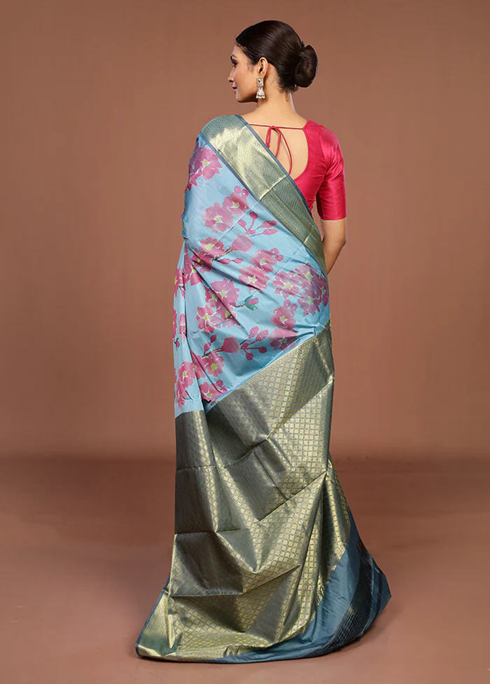 Blue Kanjivaram Silk Saree With Blouse Piece - Image 3