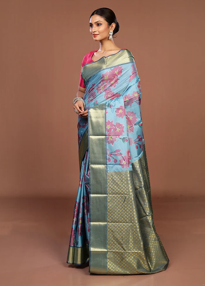 Blue Kanjivaram Silk Saree With Blouse Piece - Image 4