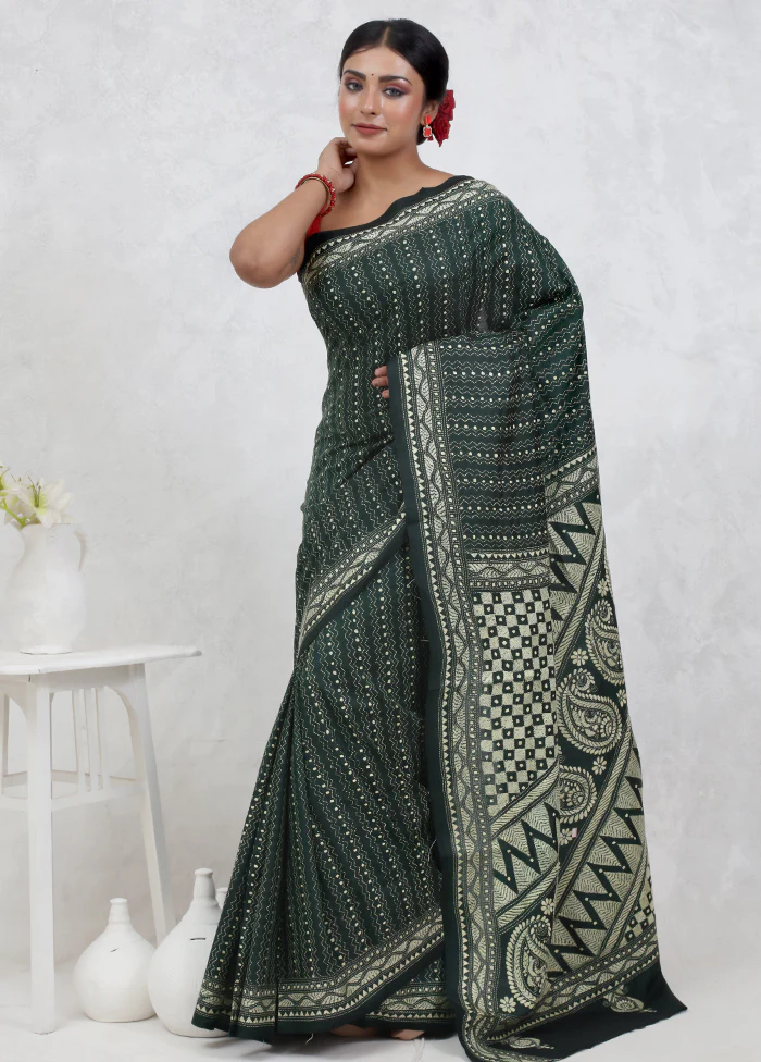 Green Kantha Stitch Pure Silk Saree With Blouse Piece - Image 2