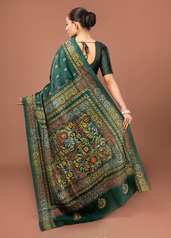 Green Kantha Stitch Pure Silk Saree With Blouse Piece - Image 3