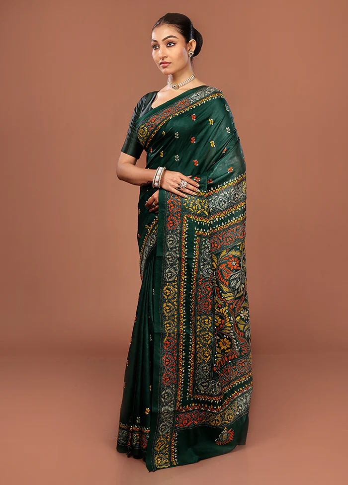 Green Kantha Stitch Pure Silk Saree With Blouse Piece - Image 4