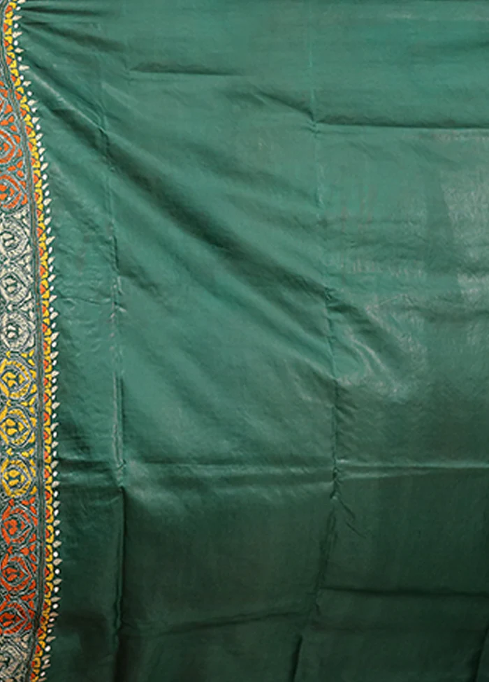 Green Kantha Stitch Pure Silk Saree With Blouse Piece - Image 5