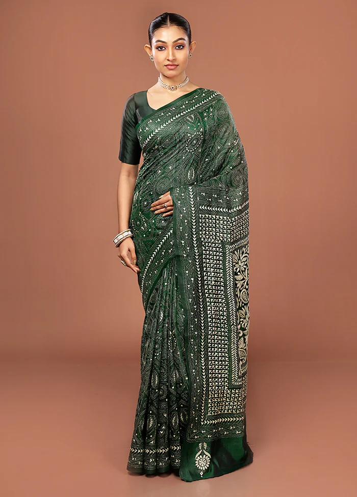 Green Kantha Stitch Pure Silk Saree With Blouse Piece - Image 2