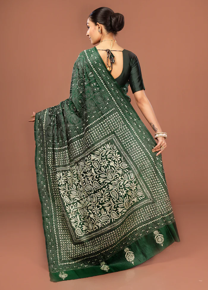 Green Kantha Stitch Pure Silk Saree With Blouse Piece - Image 3