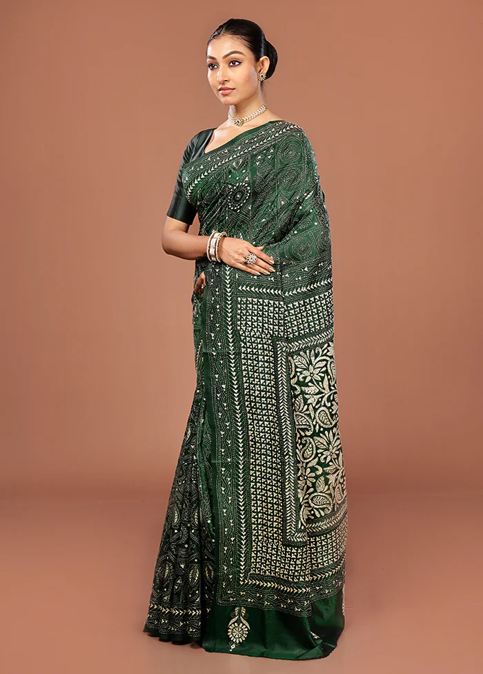 Green Kantha Stitch Pure Silk Saree With Blouse Piece - Image 4