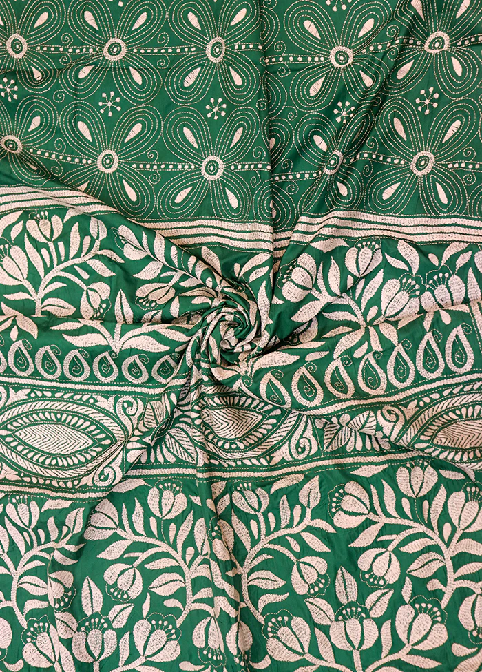 Green Kantha Stitch Silk Saree With Blouse Piece - Image 2