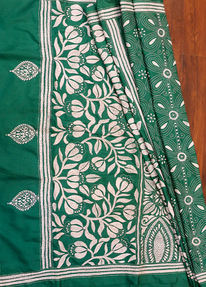 Green Kantha Stitch Silk Saree With Blouse Piece - Image 3