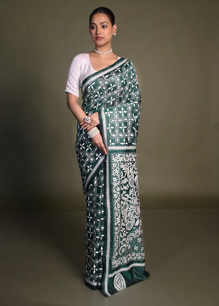 Green Kantha Stitch Silk Saree With Blouse Piece