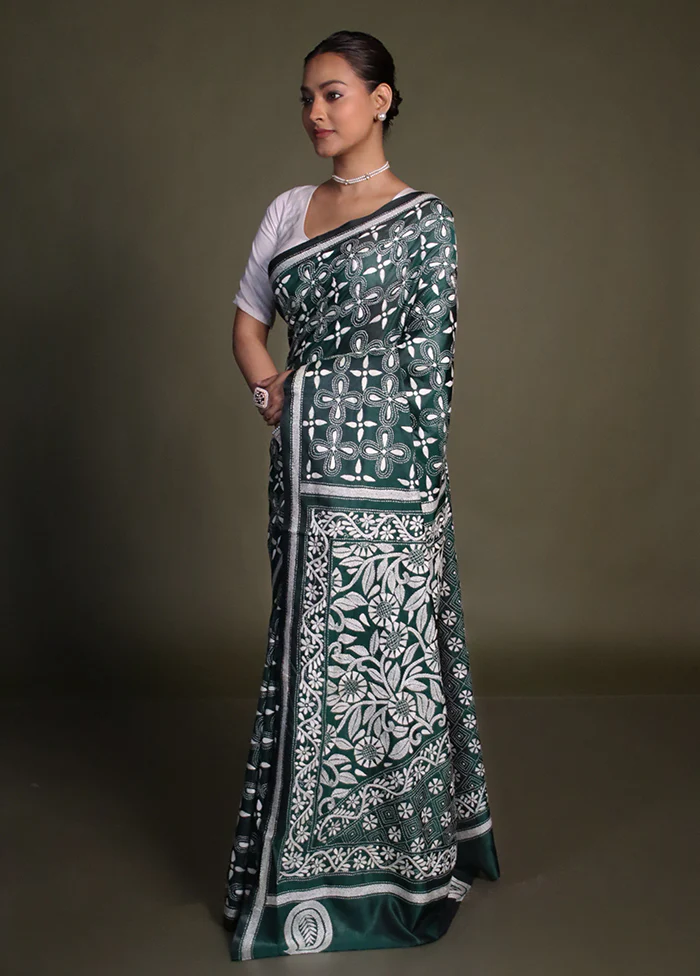 Green Kantha Stitch Silk Saree With Blouse Piece - Image 4