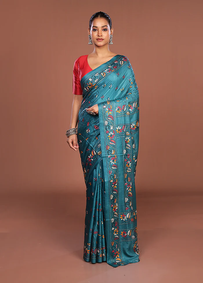 Green Kantha Stitch Silk Saree With Blouse Piece - Image 2