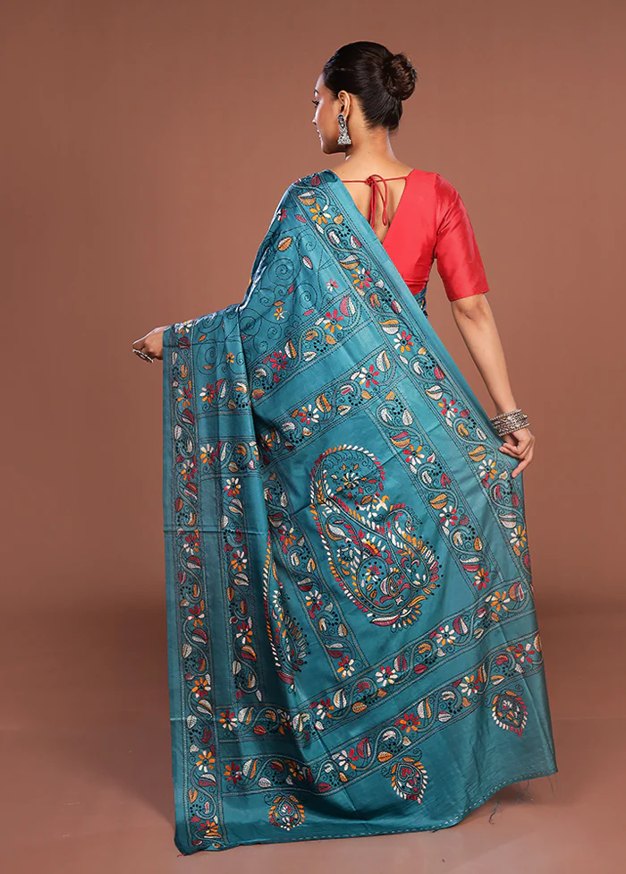 Green Kantha Stitch Silk Saree With Blouse Piece - Image 3