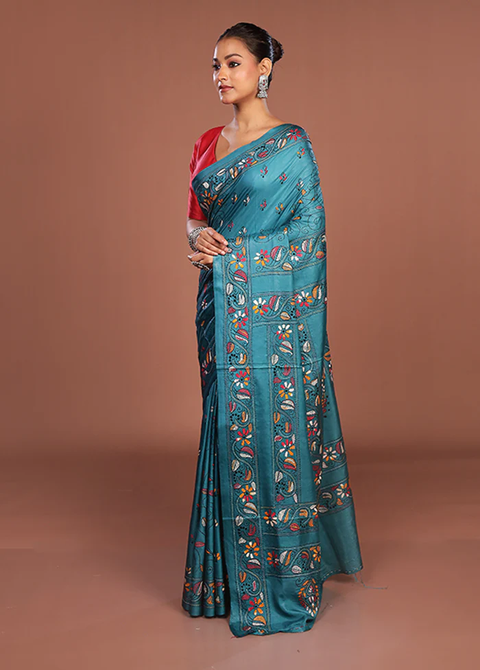 Green Kantha Stitch Silk Saree With Blouse Piece - Image 4