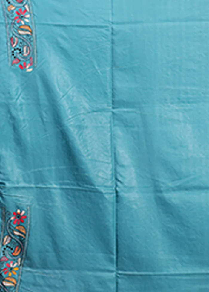 Green Kantha Stitch Silk Saree With Blouse Piece - Image 5