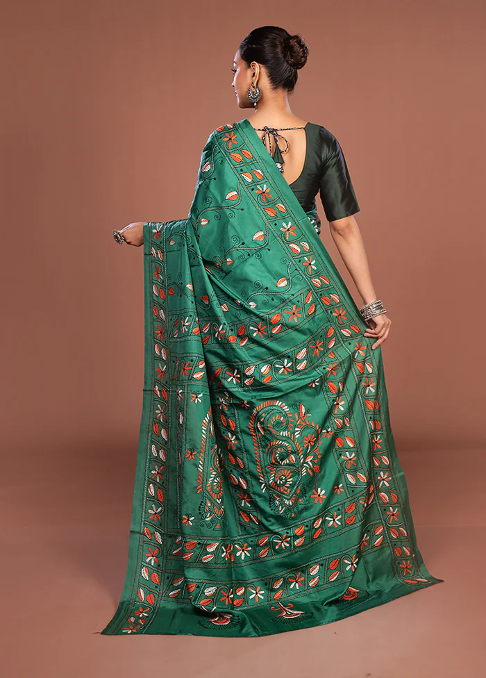 Green Kantha Stitch Silk Saree With Blouse Piece - Image 3