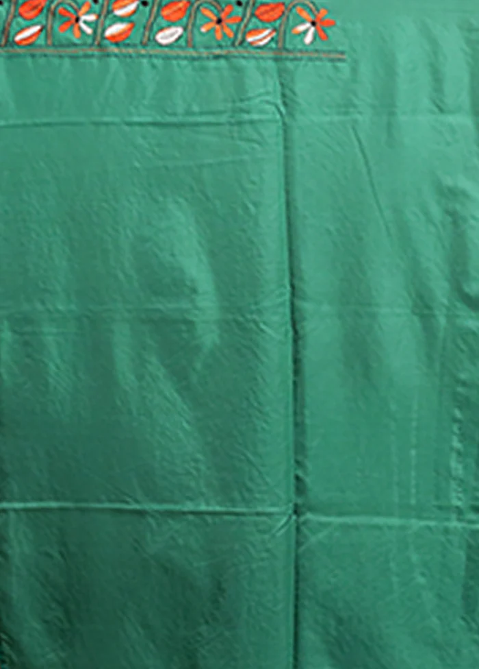 Green Kantha Stitch Silk Saree With Blouse Piece - Image 5