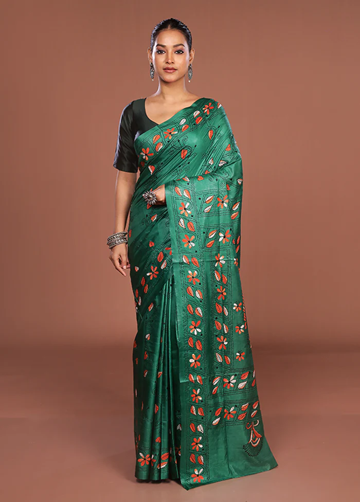 Green Kantha Stitch Silk Saree With Blouse Piece - Image 2