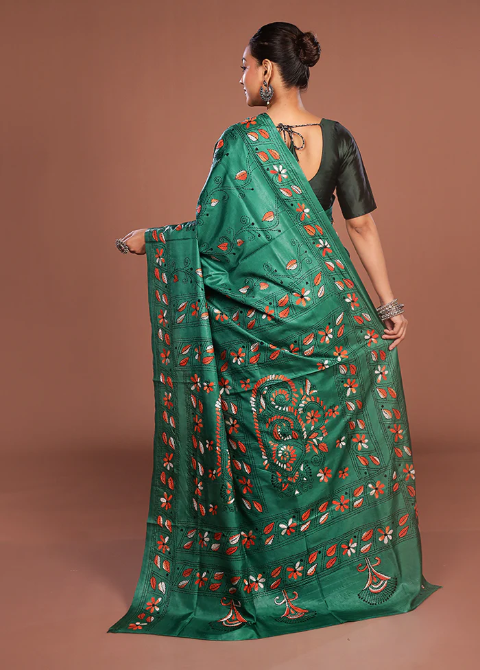 Green Kantha Stitch Silk Saree With Blouse Piece - Image 3