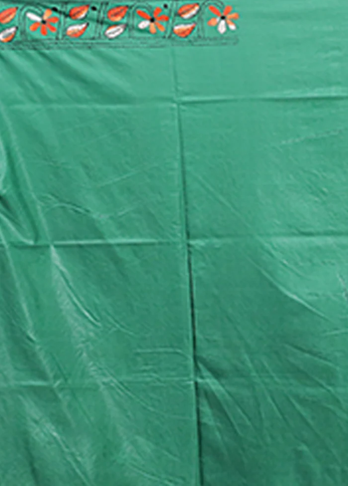 Green Kantha Stitch Silk Saree With Blouse Piece - Image 5