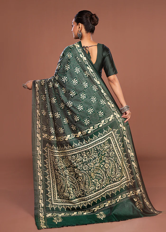 Green Kantha Stitch Silk Saree With Blouse Piece - Image 3