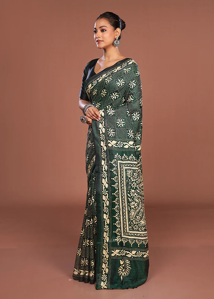 Green Kantha Stitch Silk Saree With Blouse Piece - Image 4