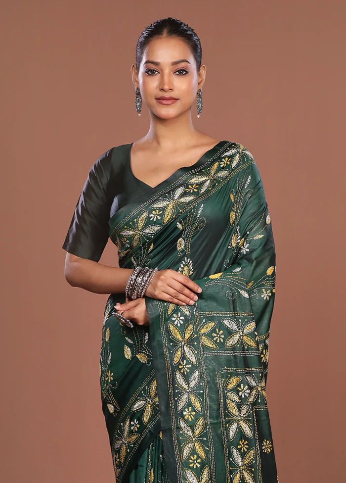 Green Kantha Stitch Silk Saree With Blouse Piece