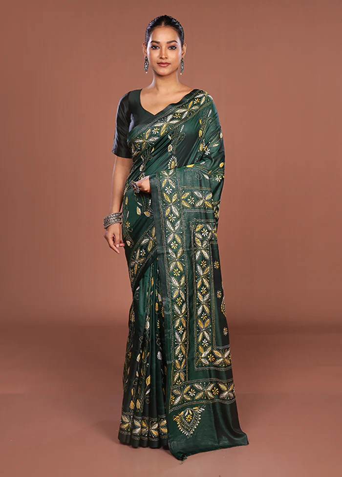 Green Kantha Stitch Silk Saree With Blouse Piece - Image 2