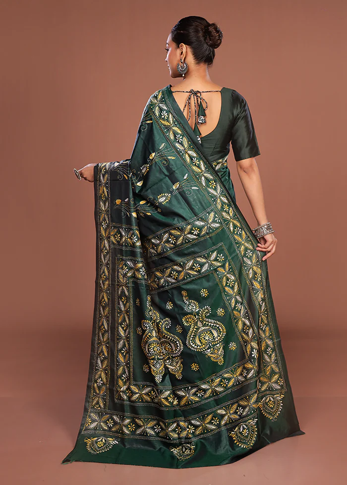 Green Kantha Stitch Silk Saree With Blouse Piece - Image 3