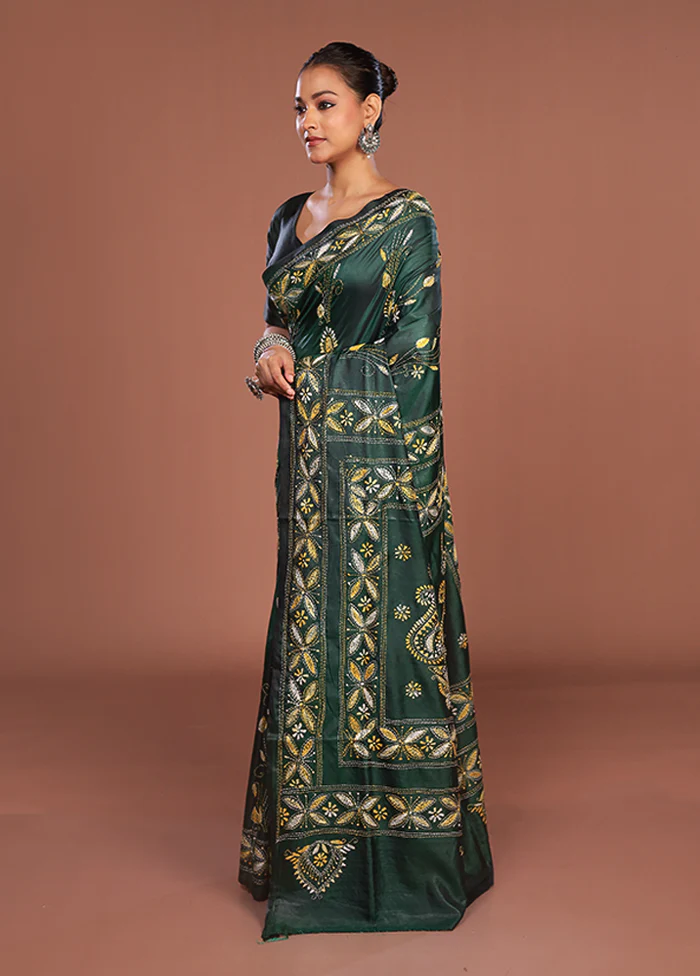 Green Kantha Stitch Silk Saree With Blouse Piece - Image 4