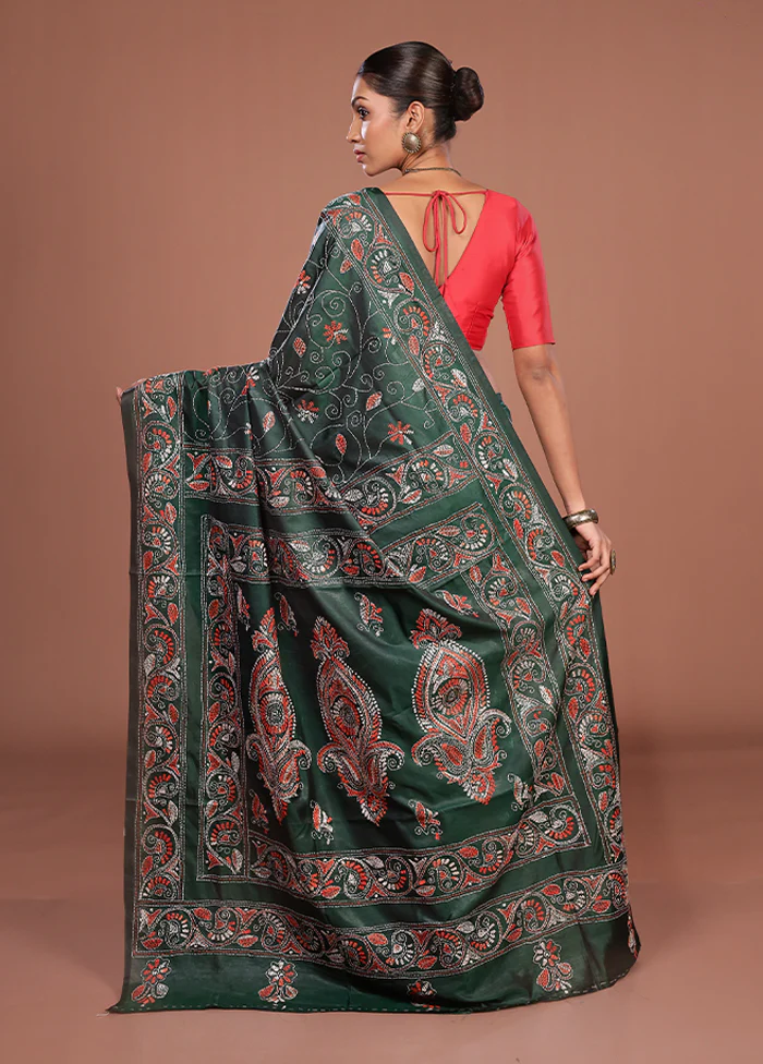 Green Kantha Stitch Silk Saree With Blouse Piece - Image 3