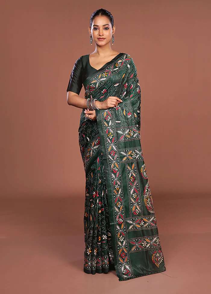 Green Kantha Stitch Silk Saree With Blouse Piece - Image 2